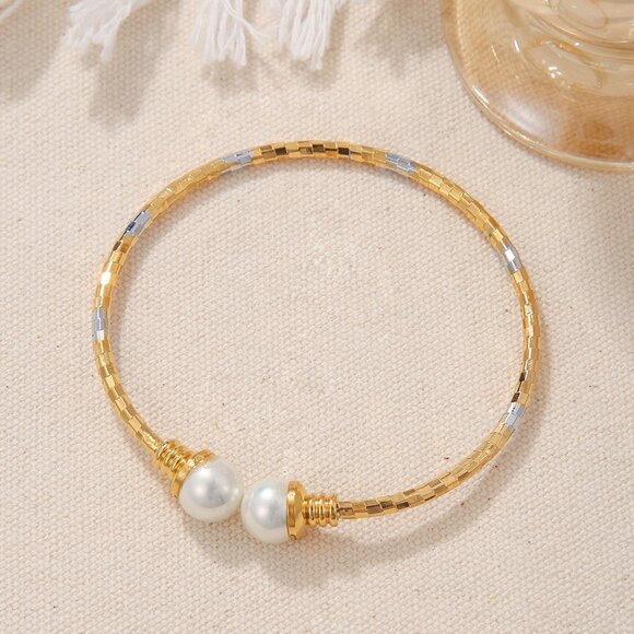 3/$35 18K Gold Plated Two Tone Silver Copper Bangle Pearl Bracelet Jewelry - Picture 6 of 8